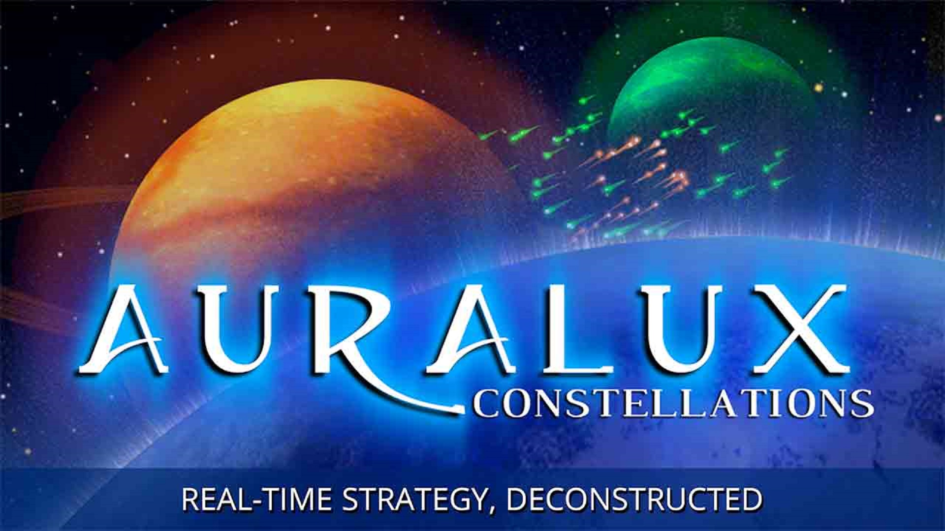 Auralux Constellations promotional art with glowing planets and fleets crossing space.