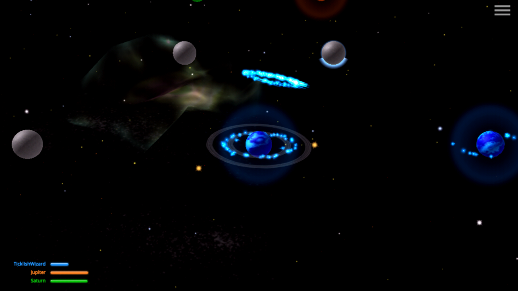 Auralux gameplay screenshot showing planets, orbiting fleets, and a dark starfield.