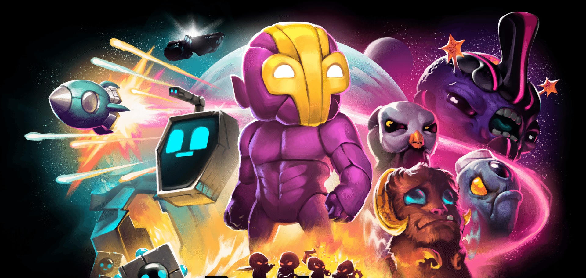 Crashlands key art featuring Flux, alien creatures, spaceships, and a bright comic-book color palette.