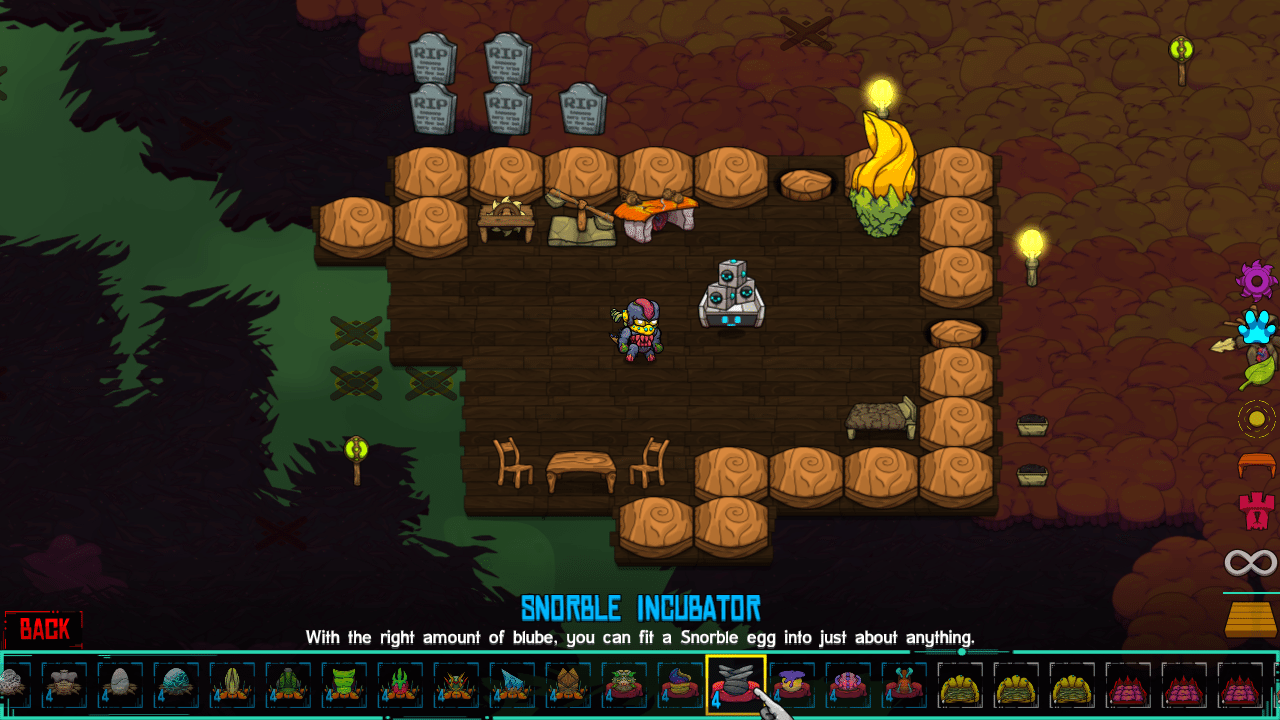 Crashlands screenshot showing a built base, campfire, furniture, and inventory bar.
