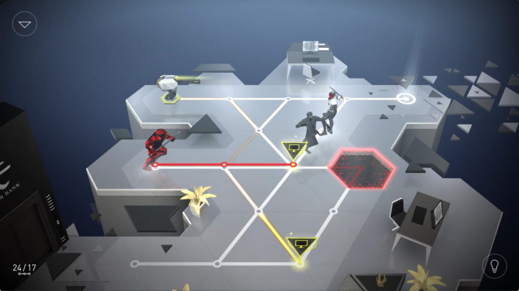 Deus Ex Go gameplay screenshot with Adam Jensen on a gold-and-black hexagonal puzzle board.