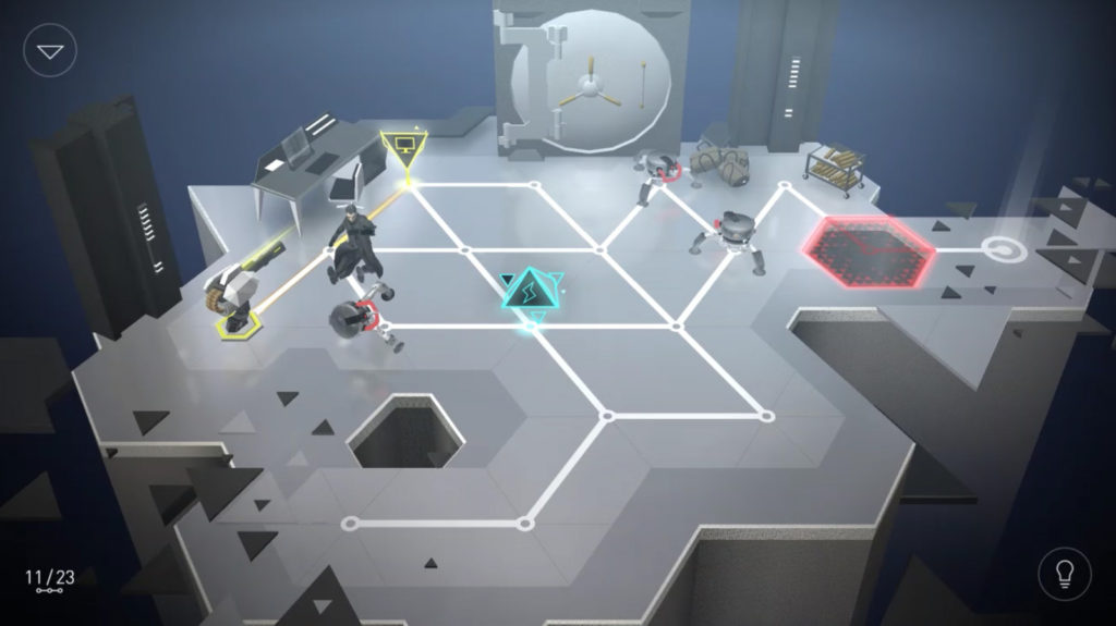 Deus Ex Go screenshot with Adam Jensen near guards, terminals, and a glowing objective tile.