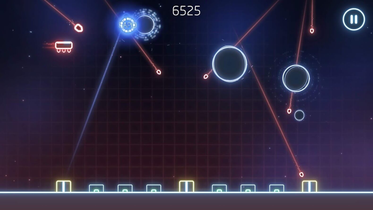 Missile Command Recharged screenshot with glowing missiles, neon explosions, and score counter.