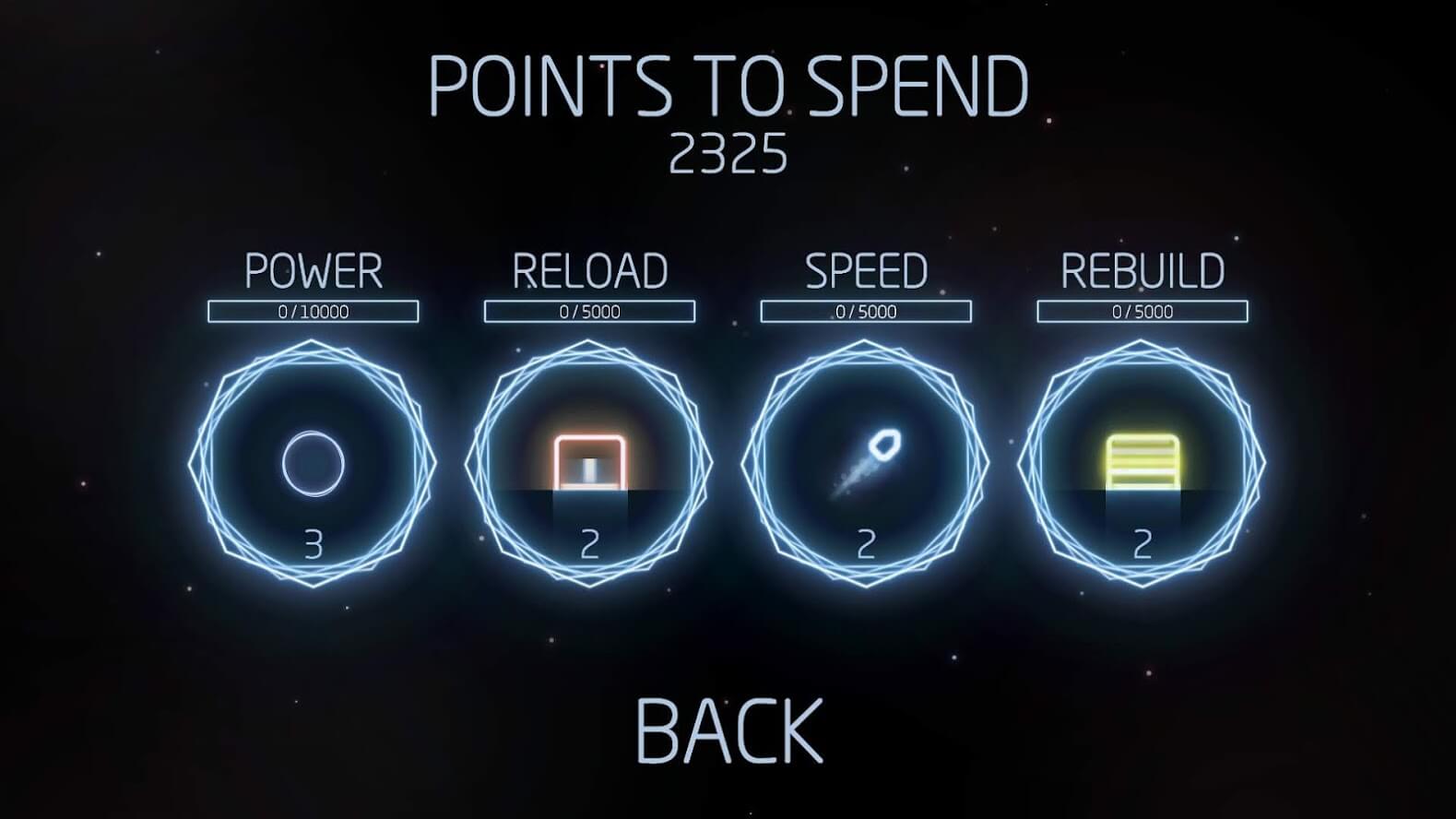 Missile Command upgrade screen with power, reload, speed, and rebuild categories.