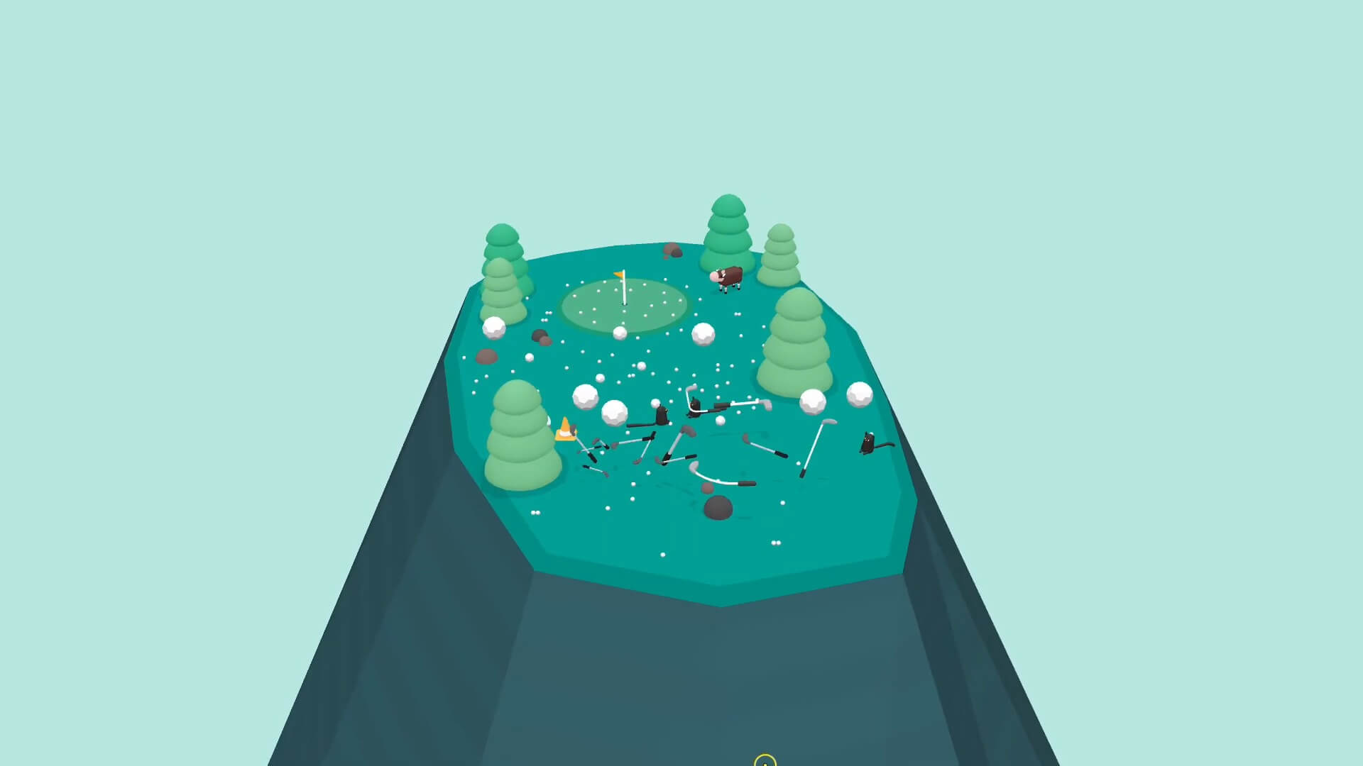 What the Golf gameplay screenshot showing a tiny floating course with scattered clubs and golf balls.